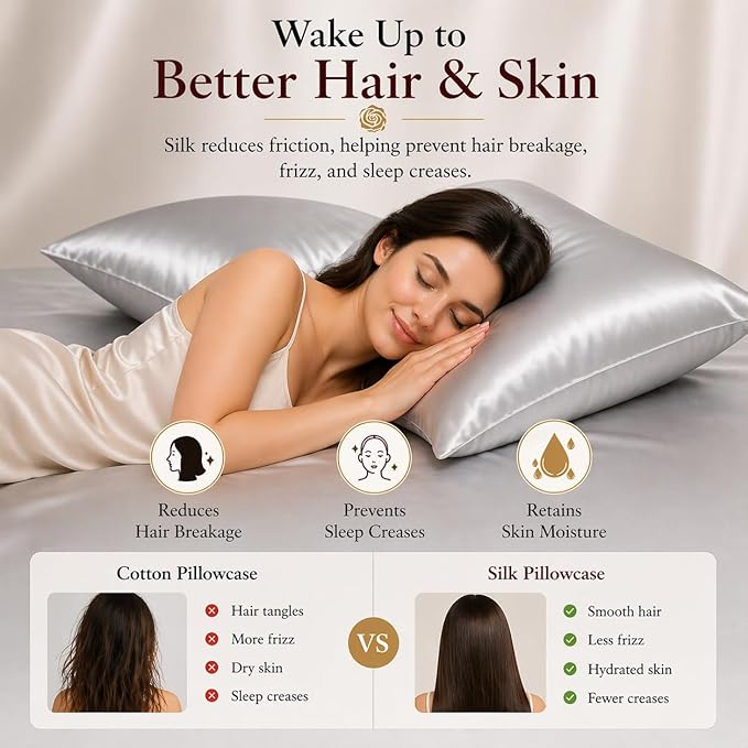 Gray Mulberry Silk Pillowcase King Size for Beauty Sleep - 22 Momme Hypoallergenic Silk Pillowcase for Hair and Skin, Zippered Closure, King Size Pillow Cases,1 Pc 20"x36" (King, Grey)