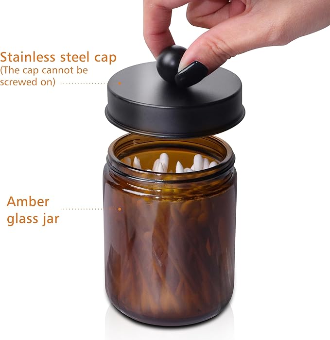 Bathroom Accessory Set 5 Pcs, 2 Pcs 16oz Amber Glass Soap Dispensers with Stainless Steel Pumps, 2 Pcs Qtip Holder Dispensers with Waterproof Labels & Bamboo Tray