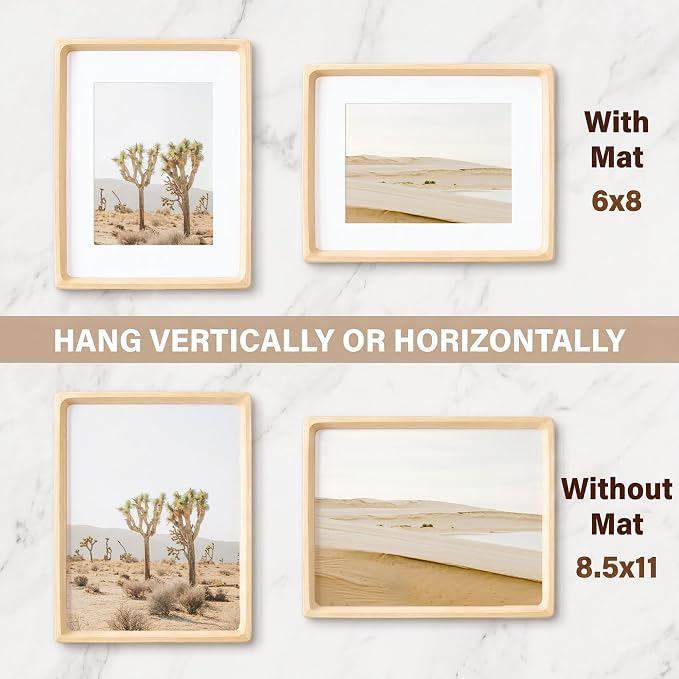 8.5 by 11 Picture Frame, USA-Sourced Maple Wood Photo Frames with HD Tempered Glass, Handcrafted Rounded Corner 8.5 x 11 Wooden Frames Matted to 6x8 Photos, 8.5x11 Frame, Tabletop or Wall Display