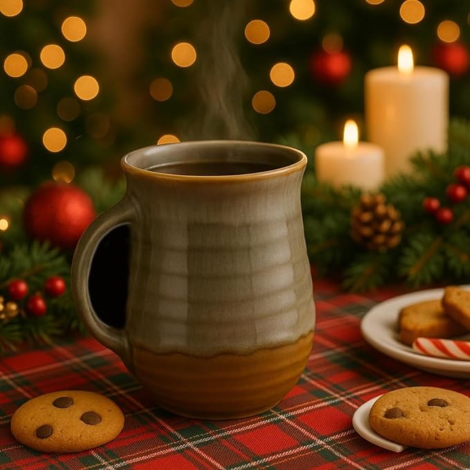 Hand Warmer Mug, Handmade Pottery Ceramic and Hand Painted - The Contoured Pocket will Hold Warmth From The Heat Of Your Drink To Keep Your Fingers Warm, Comfy Handwarmer (Desert Green) (Left hand)