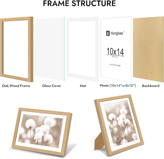 Hongkee 10x14 Oak Wood Picture Frame 1 Pack(Matted 8x12), Real Glass Cover | Natural, 10 x 14 Solid Wood Frame for Wall or Tabletop Display - Includes Easel Back, Vertical Hang - Ideal for Home, Office