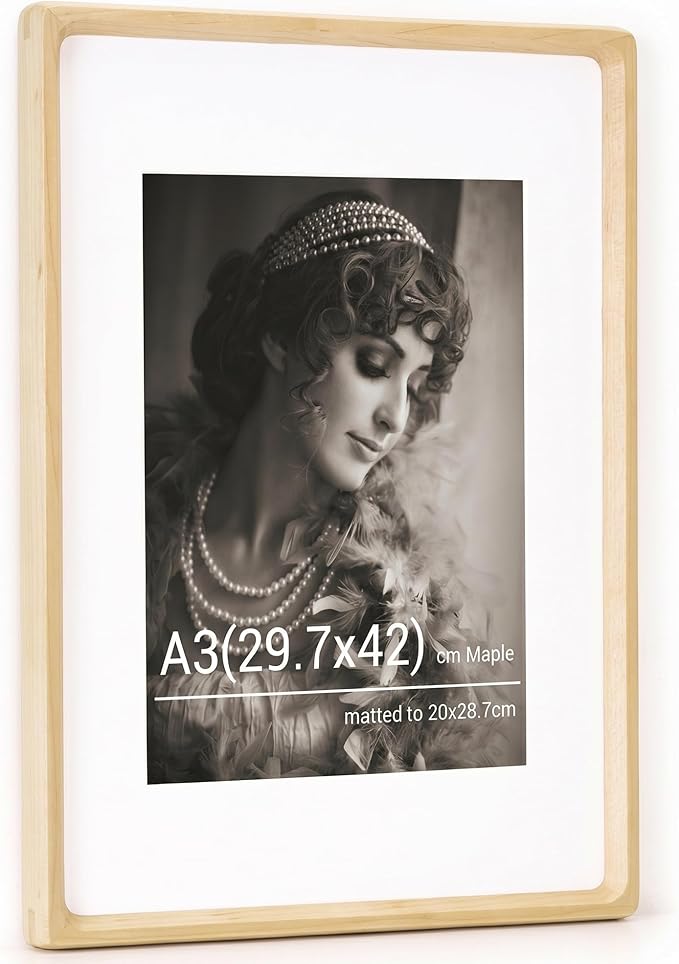A3 Picture Frame, USA-Sourced Maple Wood Photo Frames with HD Tempered Glass, Handcrafted Rounded Corner A3 Wooden Frame Matted to A4 Photos, Tabletop or Wall Display