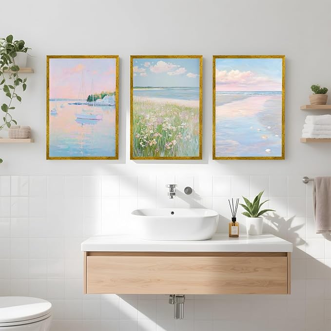 Coastal Pink Wall Art Set of 3 Maximalist Ocean & Beach Landscape Canvas Poster Trendy Sailboats Flowers Sunset Painting Pastel Picture Prints for Bedroom Home Decor 24x36inch Gold Framed