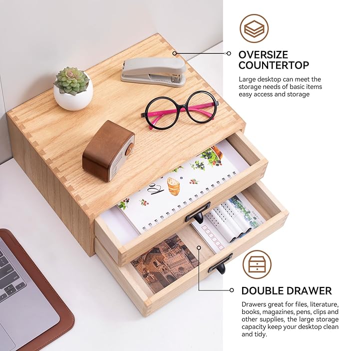 KIRIGEN Wooden Desk Organizer with 2 Drawers, Solid Wood Desktop Storage Cabinet, Shallow Office Drawer Organizer for Printer Paper and Mail, No Assembly, 13.78 W x 10.6 D x 5.9 H Inch, FAX-NA