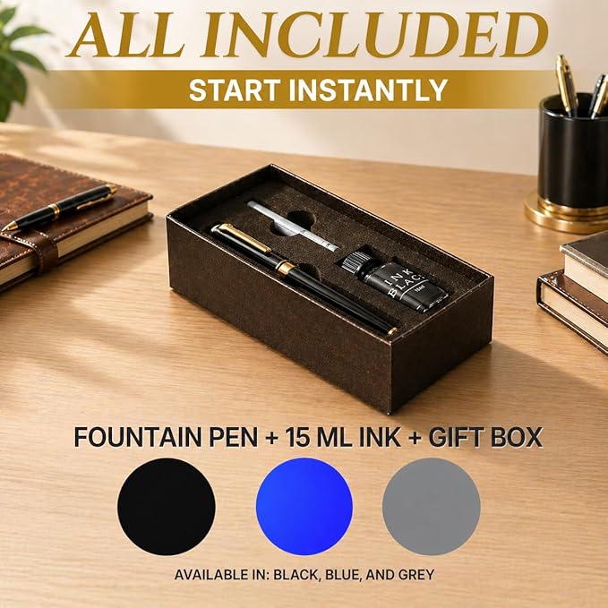 Château Avant Fountain Pen Set | Refillable Black Fountain Pen with Black Ink Bottle, Fine Nib, and Converter | Smooth Writing Gift Set for Beginners, Men, and Women