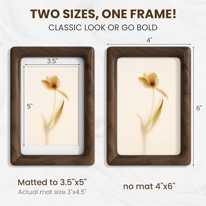 4x6 Picture Frame, USA-Sourced Walnut Wood Photo Frames with HD Tempered Glass, Display Photo 3.5x5 with Mat or 4x6 Without Mat, 4 x 6 Frame for Tabletop or Wall Display, Walnut Color, 1 Pack