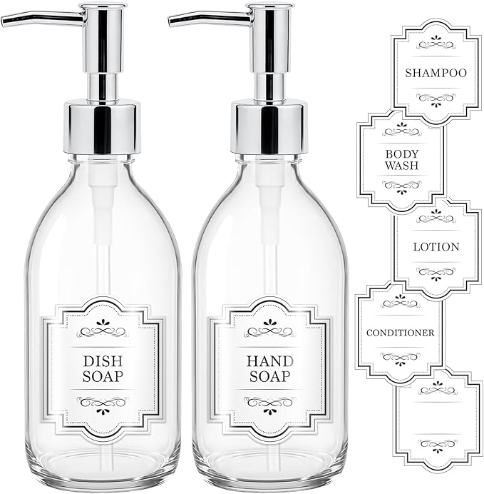 8 oz Clear Glass Pump Bottle, 250ml Small Lotion Dispenser Bottle for Body Massage Oil, Refillable Empty Hand and Dish Soap Dispensers Set with Plastic Silver Pump, Labels - 2 Pack