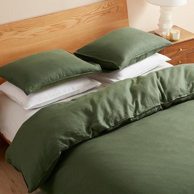 DAPU 100% Linen Olive Green Duvet Cover Set - Pure Natural French Flax Linen with Corner Ties and Zipper Closure Soft Breathable Durable for Hot Sleepers 1 Duvet Cover 2 Pillowcases (King)