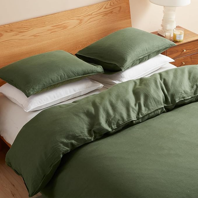 DAPU 100% Linen Olive Green Duvet Cover Set, Pure Natural French Flax Linen with Corner Ties and Zipper Closure Soft Breathable Durable for Hot Sleepers 1 Duvet Cover 2 Pillowcases (Queen)