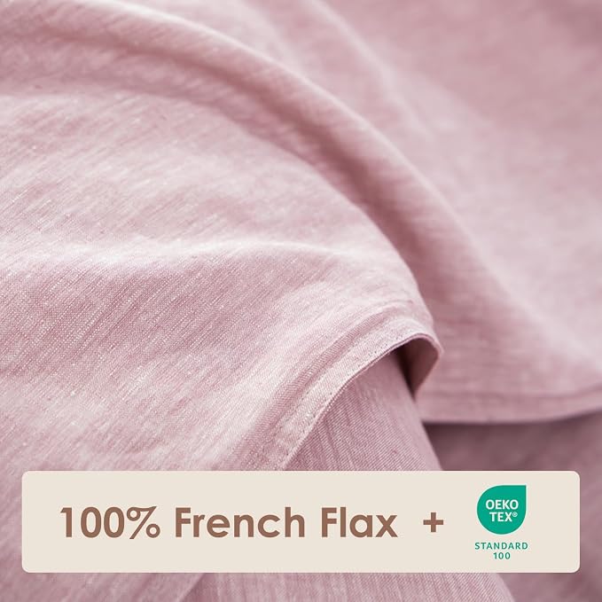 DAPU Pure Linen Duvet Cover Set, 100% Yarn-Dyed French Linen, Breathable and Durable for Hot Sleepers, 1 Duvet Cover and 2 Pillowcases (Smokey Pink, King)