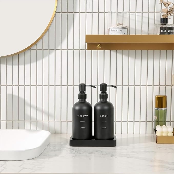 Liquid Dispenser Soap Dispenser Set Glass with Stainless Steel Pump Countertop Soap Bottle(Black Pump+Black Bottle)