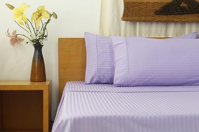 Organic Cotton Soft Sateen Stripe Bed Sheet Set - Luxury Hotel Quality - GOTS Certified - Deep Pocket - Easy Care - King (Lavander)