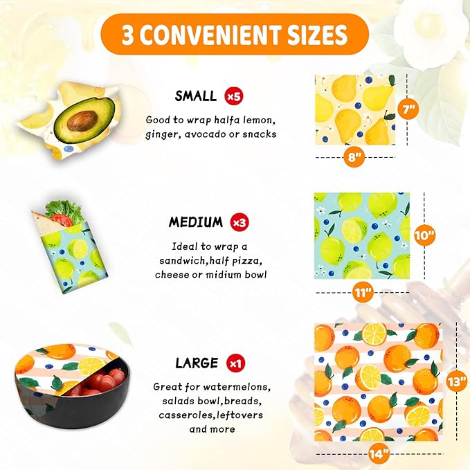 Reusable Beeswax Wrap - 9 Pack, Beeswax Wraps for Food, Eco-Friendly Beeswax Food Wrap, Organic, Sustainable, Biodegradable, Zero Waste, Plastic-Free Food Storage (1L Orange | 3M Lemon | 5S Pear)
