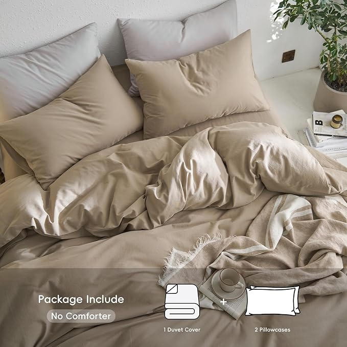 MooMee Full Duvet Cover Set, 100% Washed Cotton Linen Like Twill Thick Sturdy Material Super Soft Breathable Durable Bedding for All Season, 3 Pieces (Mocha Brown, Full 80"x90")