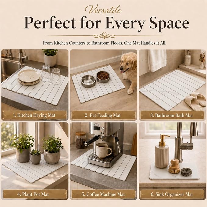 2 PCS Large Stone Dish Drying Mat for Kitchen Counter, 24" x 16" Diatomaceous Earth Dish Mat with 8" x 4" Coaster, Quick Dry Foldable Absorbent Mat for Dishes, Cups, Bottles (White)