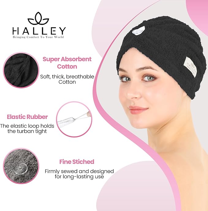 HALLEY Cotton Hair Towel Wrap (3 Packs) Super Absorbent Fast Drying Turbans for Thick, Wet Hair with Button (Black, White, Grey)