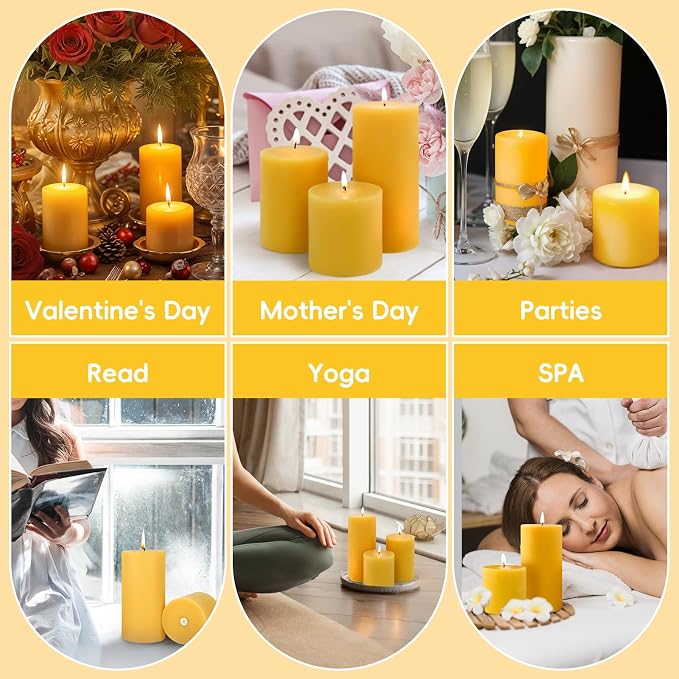 Pure Beeswax Candles,3 Pack Unscented Pillar Candles,213 Hours Long Burning Clean Burning, Smokeless Dripless Bees Wax Candle for Home,Prayer,Emergency,Dinner Table (3x3,3x4,3x6in)