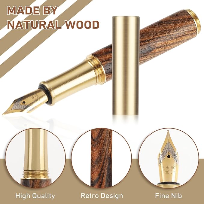 Andibro Handcrafted Wooden Fountain PenShort Paragraph (85mm) Pocket Mini Travel Fountain Pen Fancy Pens with 15 Pcs 2.6mm Black Ink Cartridges for Journaling Office School Supplies (Brown)