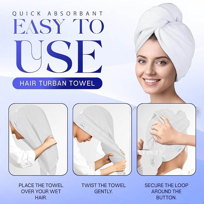 Lili&James Cotton Hair Towel Wrap for Women/Kids | Quick Dry, Soft & Absorbent Hair Wrap Towels with Double Button (Pack of 1, White Large)