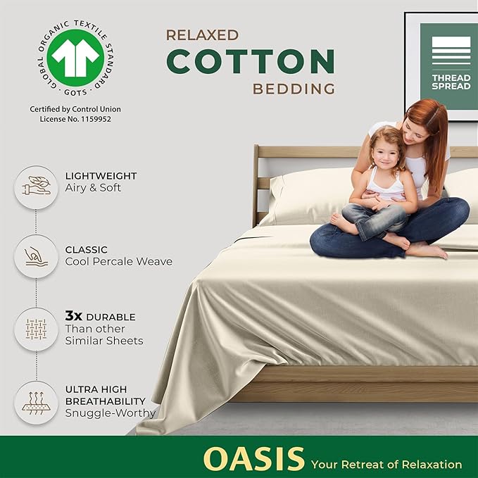 THREAD SPREAD 100% Organic Cotton Sheets King Size - 4 PC Organic Cotton King Percale Size Weave Sheet Set, Soft, Cooling, Crisp & Breathable, 16" Deep Pocket Hotel Quality Bedding Set - Ivory
