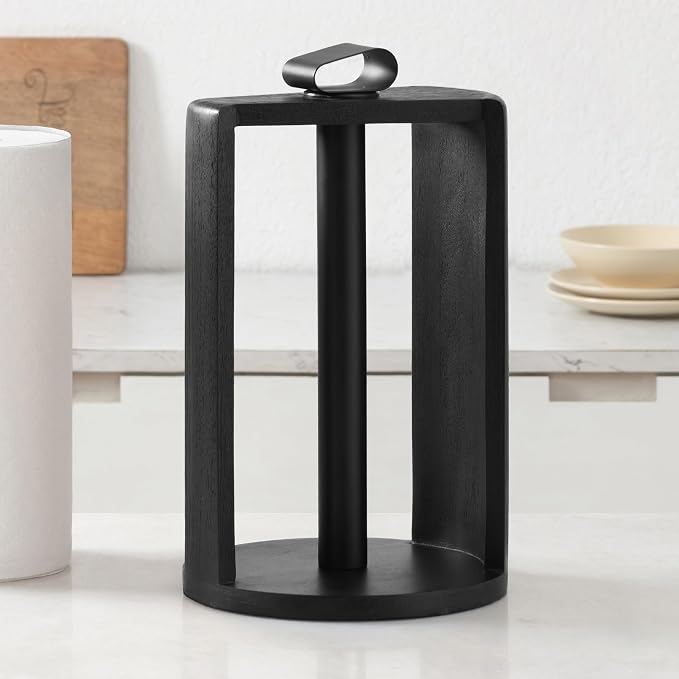 Anji Mountain Wooden Paper Towel Holder with Iron Holder, Holder Stand for Kitchen Roll Organizer & Kitchen Dining Table Home Décor, Countertop Fits Jumbo & Mega Rolls - Black/Black, Top Load