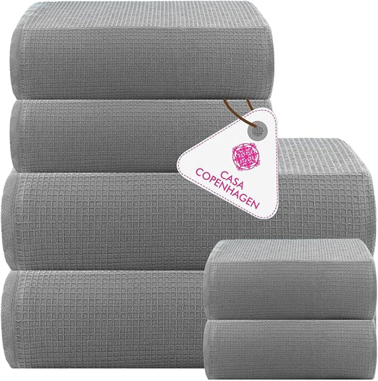 CASA COPENHAGEN Waffle 6Pcs 100% Egyptian Cotton Large Designer Towels Gift Set- Silver Grey, 2Bath 2Hand 2Washcloths, Bath Towels for Bathroom (Box Pack, Gift Set for Women & Men)