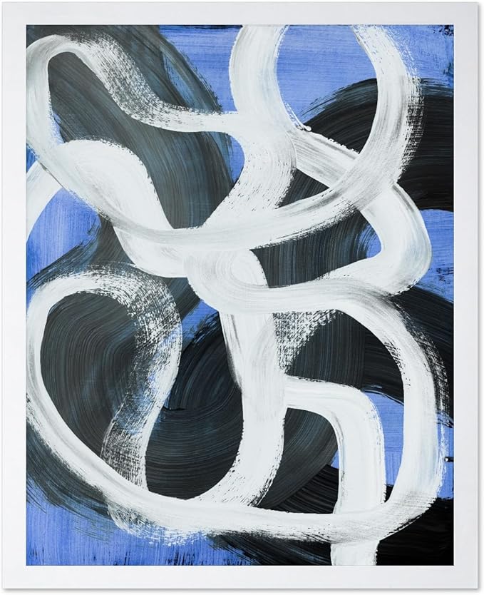 Monem Art Bold Blue Brushstroke Abstract Print - Modern Textured Line Art Poster - Wall Decor for Living Room, Bedroom or Office - 16x20 White Framed Wall Art by Mareike Bohmer