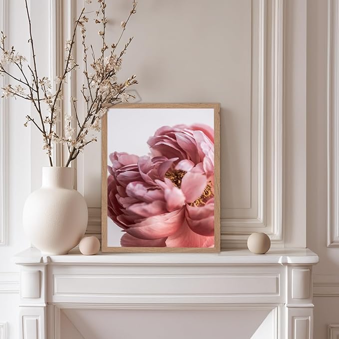 Monem Art Blush Pink Peony Print - Minimalist Floral Photography Poster - Wall Decor for Living Room, Bedroom or Office - 8x10 Beige Framed Wall Art by Mareike Bohmer
