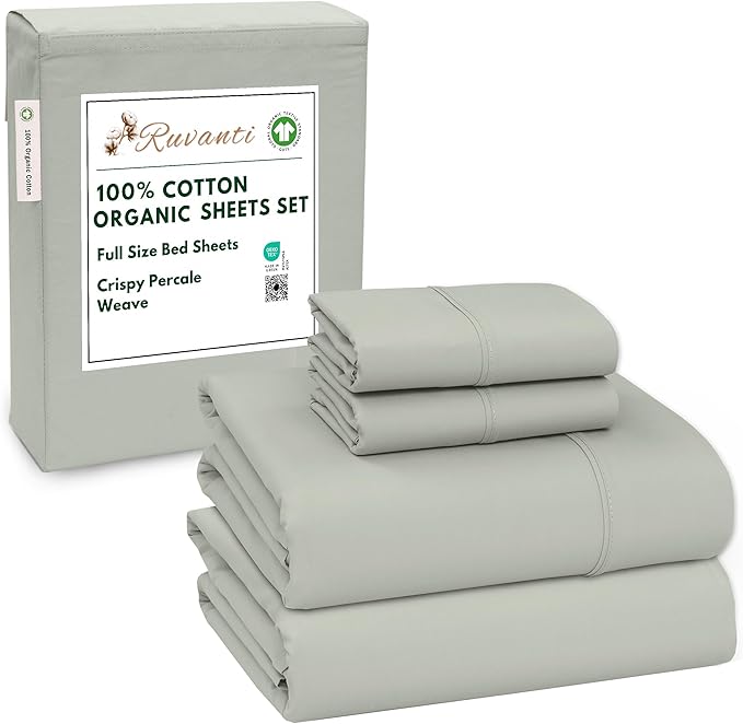 RUVANTI 100% Cotton Organic Percale Sheets Full Size – Crisp Cooling Bed Sheets for Hot Sleepers, Deep Pocket 15”, Soft Peach Finish, Breathable & Durable Hotel-Style 4 Pcs, Mineral Gray