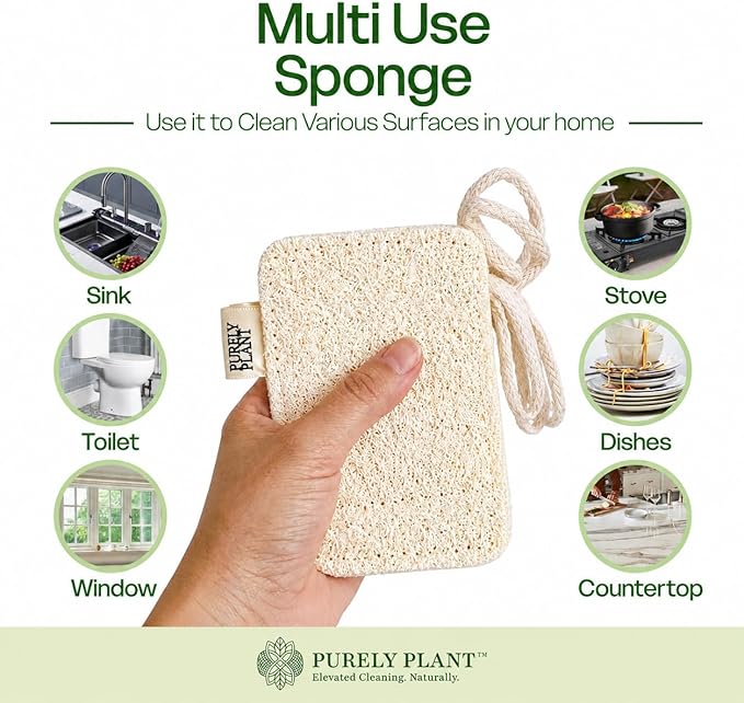 Purely Plant Loofah Dish Sponge 6 Pack–Non Toxic, 100% Plastic Free, Compostable & Biodegradable Premium Kitchen Scrubber, Plant Based, Non-Scratch Scouring Pad for Sink, Tile & Grout Cleaning Luffa