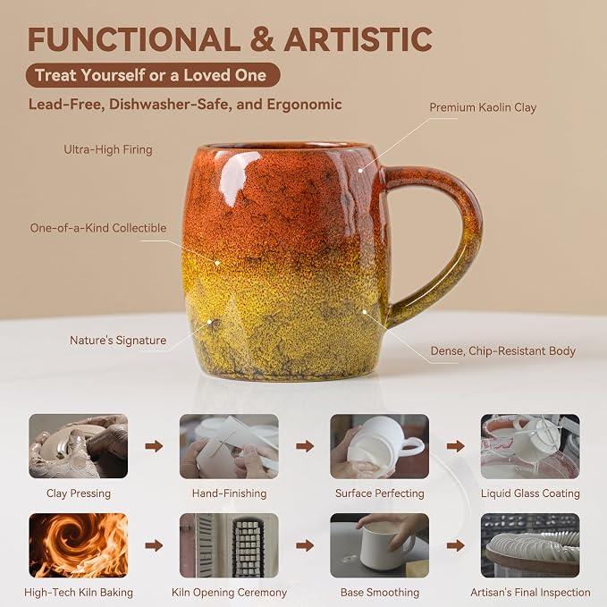 Handmade 22oz Ceramic Coffee Mug, Ergonomic Large Handle, Ideal Gift for Coffee Lovers, Microwave & Dishwasher Safe (Minute-Orange&Yellow)