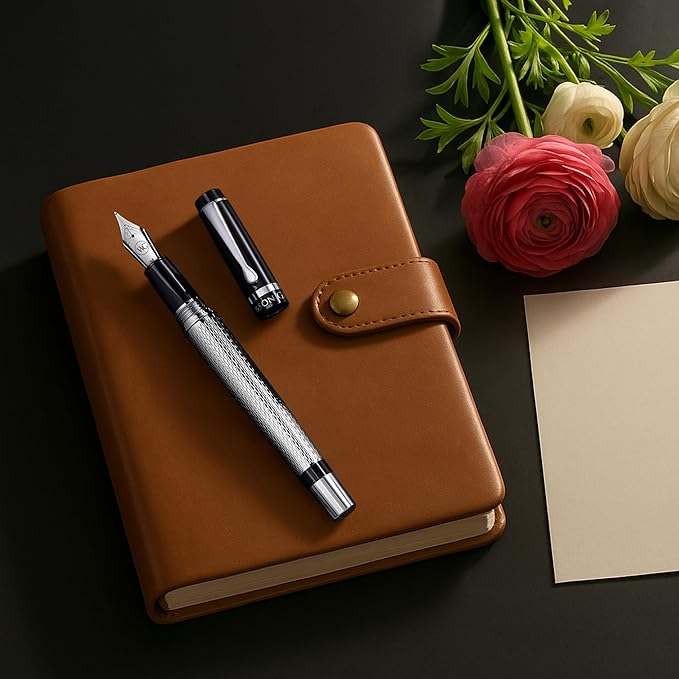 ‘The Raider’ Silver Luxury Executive Fountain Pen, Polished Chrome and Lacquer, Stainless Steel Nib, Easy Refill Ink Piston Converter, Smudge Free, No Bleed, Fits Our Instant Insert Ink Cartridges