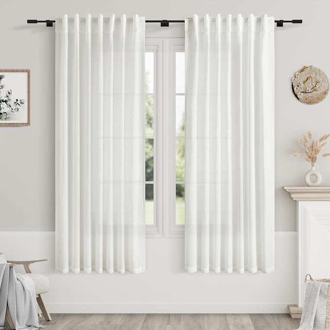 Nanspring Off White Linen Curtains 63 inches Long for Bedroom Back Tab Sheer White Curtains Modern Farmhouse Coastal Decor Cotton Textured Gauze Curtain for Bathroom 2 Panel Set 52x63