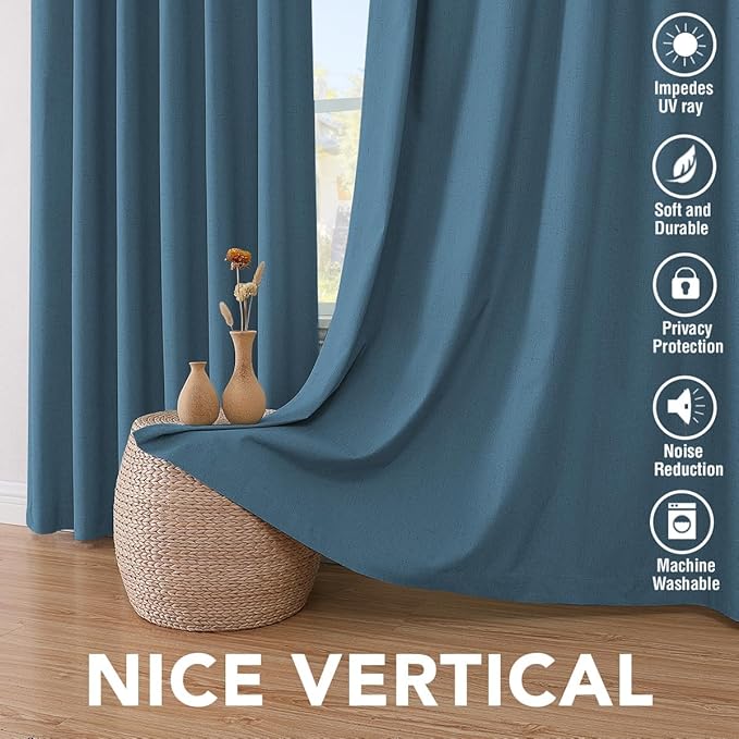 H.VERSAILTEX Linen Curtains 100% Blackout Curtains for Bedroom 102 inch Long Full Light Blocking Nature Linen Blended Window Curtains for Living Room Nickel Grommet (2 Panels, Blue Sapphire)