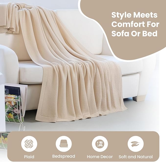 Dalisa 100% Organic Turkish Cotton Throw Blanket - GOTS Certified, Cozy - Perfect for Couch, Bed, and Home Decor - Boho Vintage Knit Alina (Beige, 50x60)