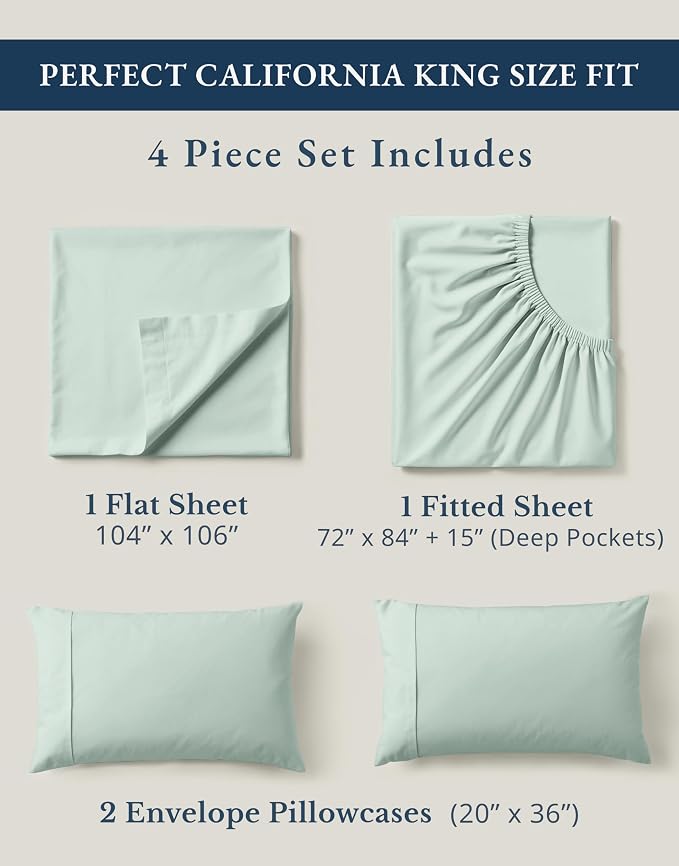 LANE LINEN 100% Organic Cotton California King Sheets Set, Soft & Comf Low Pill Fade Resistant Mercerized Cotton Fully Elasticized Cal King Sheets, Fits Mattress Upto 15" Deep -Cool Blue | Pure Long-Staple Organic Cotton Cal King Sheet Set - Easy-Care ...