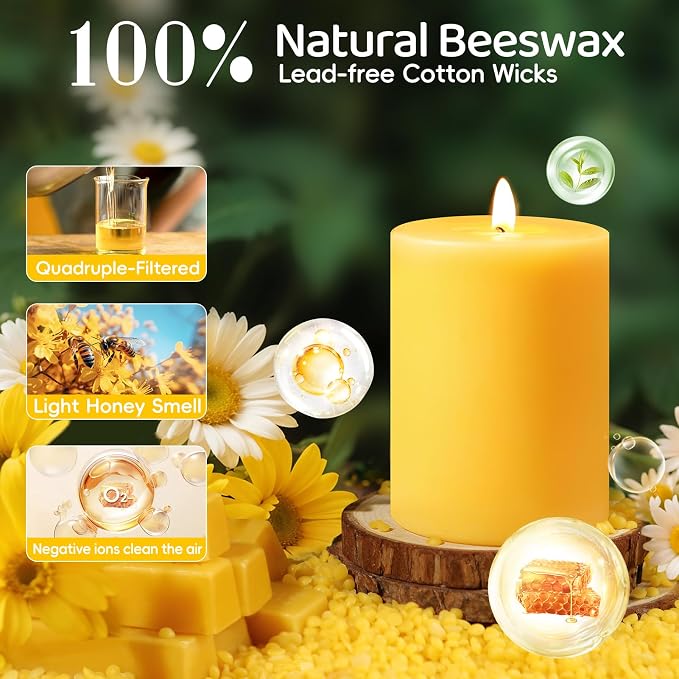 Pure Beeswax Candles,3 Pack Unscented Pillar Candles,213 Hours Long Burning Clean Burning, Smokeless Dripless Bees Wax Candle for Home,Prayer,Emergency,Dinner Table (3x3,3x4,3x6in)