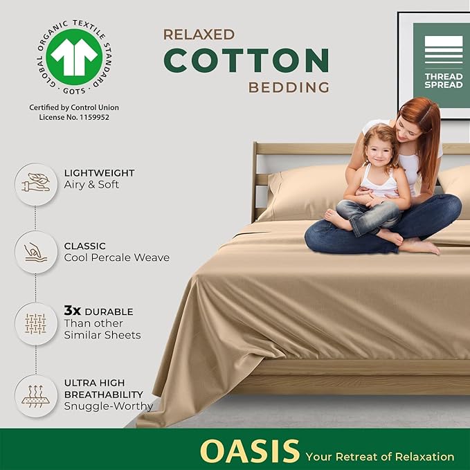 THREAD SPREAD 100% Organic Cotton Sheets Twin XL Size - 3 PC Organic Cotton Twin XL Size Percale Weave Sheet Set, Soft, Cooling, Crisp & Breathable, 16" Deep Pocket Bedding Set for Dorm Room - Taupe