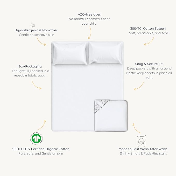 MakeMake Organics Organic Full Fitted Sheet Set GOTS Certified Organic Cotton Fitted Sheet with 2 Pillowcase Ultra Soft Non Toxic Breathable Hypoallergenic Colorful Neutral (Full, Solid Ivory)