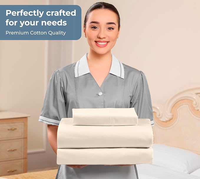 ROYALE LINENS 100% Organic Cotton Twin XL Sheet Set - Percale Weave - 3 Pieces Set - 1 Flat, 1 Deep Pocket Fitted Sheet and 1 Pillowcases - Cream Bed Sheets - Sábanas Twin XL - Crisp Cool (Cream)