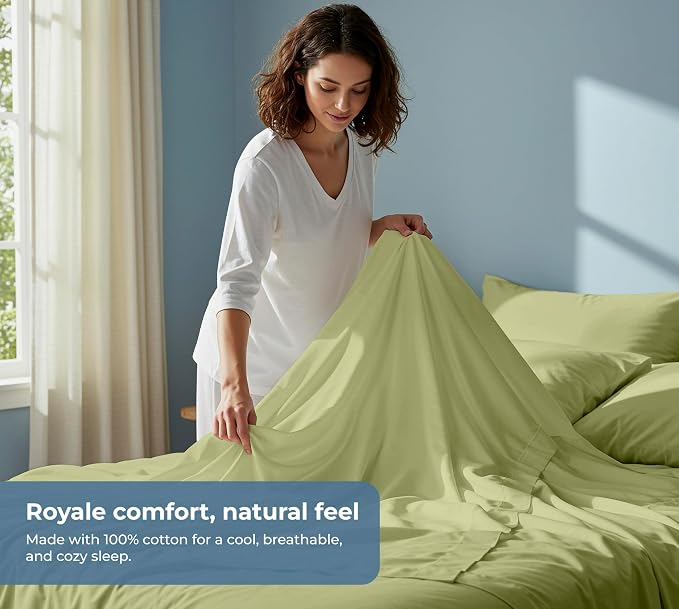 ROYALE LINENS 100% Organic Cotton Twin Sheet Set - Percale Weave - 3 Pieces Set - 1 Flat, 1 Deep Pocket Fitted Sheet and 1 Pillowcases - Sage Green Bed Sheets - Sábanas Twin - Crisp Cool (Sage Green)