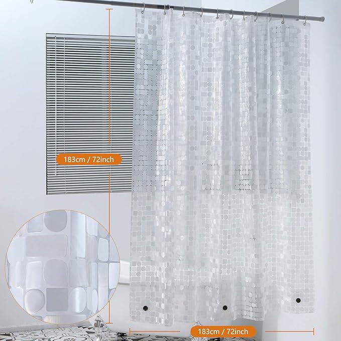 WELTRXE Shower Curtain Liner Waterproof, Clear 3D Geometric Patterns Heavy Duty Shower Liner with Magnets for Bathroom Shower Stall, Bathtubs, Thick Liner Without Chemical Smell, 72 x 72, 12 Hooks