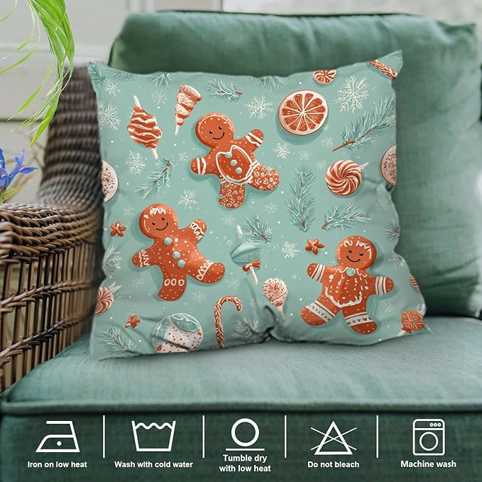 Shrahala Gingerbread Christmas Candy Decorative Throw Pillow Cover, Retro Christmas Candy Pattern Square Pillowcase Blended Double-Sided No Inserts for Bedroom Living Room Set of 2 (20 x 20 in)