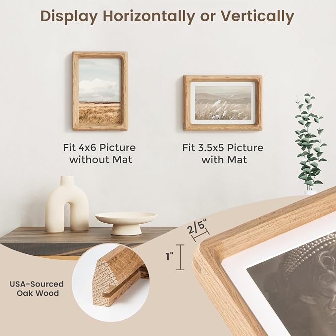 Fun Memories 4x6 Picture Frame, USA-Sourced Oak Wood Photo Frames with HD Tempered Glass, Handcrafted Rounded Corner 4 x 6 Wooden Frame Matted to 3.5x5 Photos, 4x6 Frames, Tabletop or Wall Display