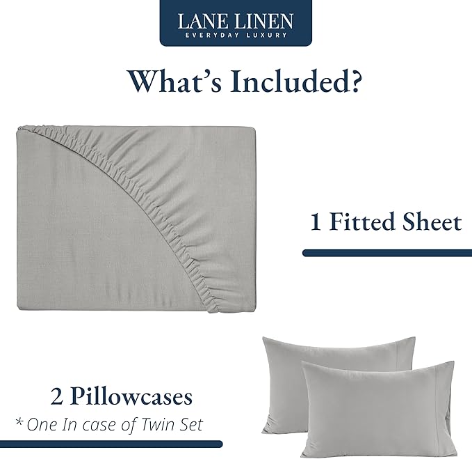 LANE LINEN Twin XL Fitted Sheet, 100% Organic Cotton 2-Piece Set (1 Fitted Sheet, 1 Pillowcase), Percale Weave, Bottom Sheet, Soft, Breathable, Fits Mattress Upto 15" Deep - Silver (No Flat Sheet)