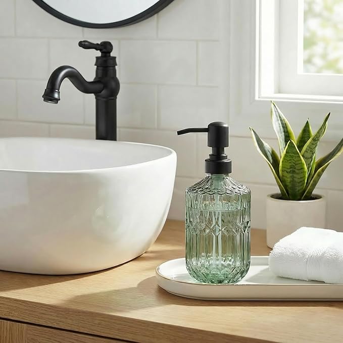 2-Pack Green Glass Soap Dispenser for Bathroom, Decorative Hand Soap Dispenser with Black Rust Proof Pump, Farmhouse Kitchen Soap Dispenser for Hand Soap, Dish Soap, Lotion, Body Wash (14 OZ)