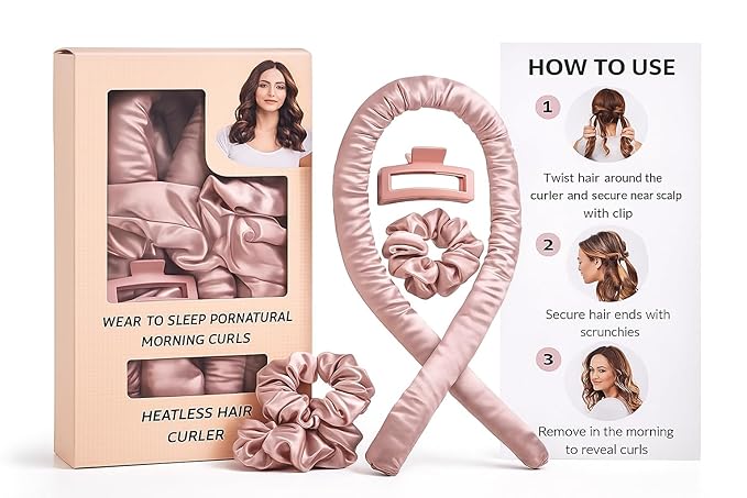 Heatless Hair Curler Set for Women - Satin No-Heat Curling Rod with 2 Scrunchies & Hair Clip, Overnight Heatless Curls for All Hair Types (Pink)