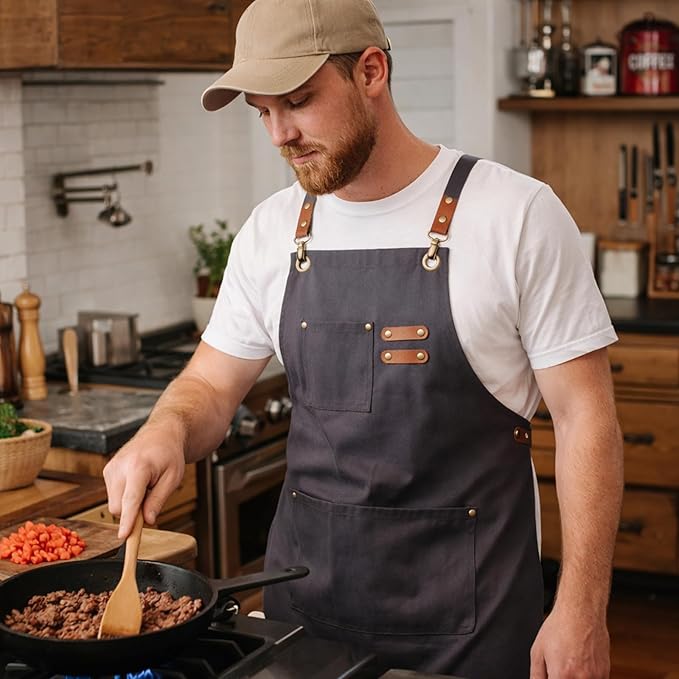 Chef Aprons for Men Canvas Apron with Large Pockets and Adjustable Neck Strap for Cooking,BBQ, Gardening