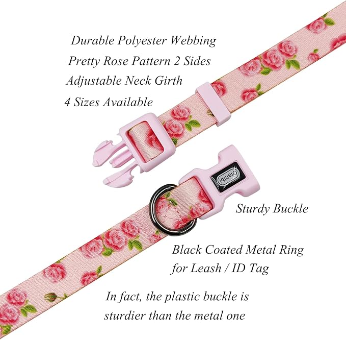 Dog Collar Leash Set, Floral Pattern, Polyester Material, Adjustable Collar and 5ft Matching Leash, for Medium Dogs.(M, Pink Rose)