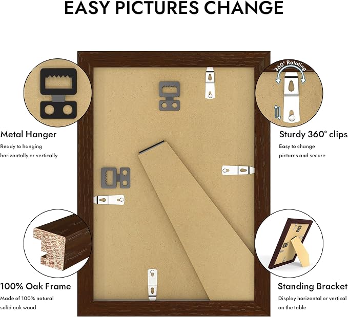 Hongkee 6x9 Oak Wood Picture Frame, Display Photos 5 x 8 with Mat or 6 x 9 without Mat - Tempered Glass Cover, Horizontal and Vertical Display for Wall or Tabletop (Walnut, Set of 1)